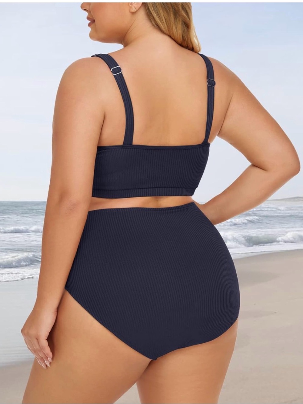 Plus Size Navy Ribbed Button-Front Bikini Set - Picture 2 of 6